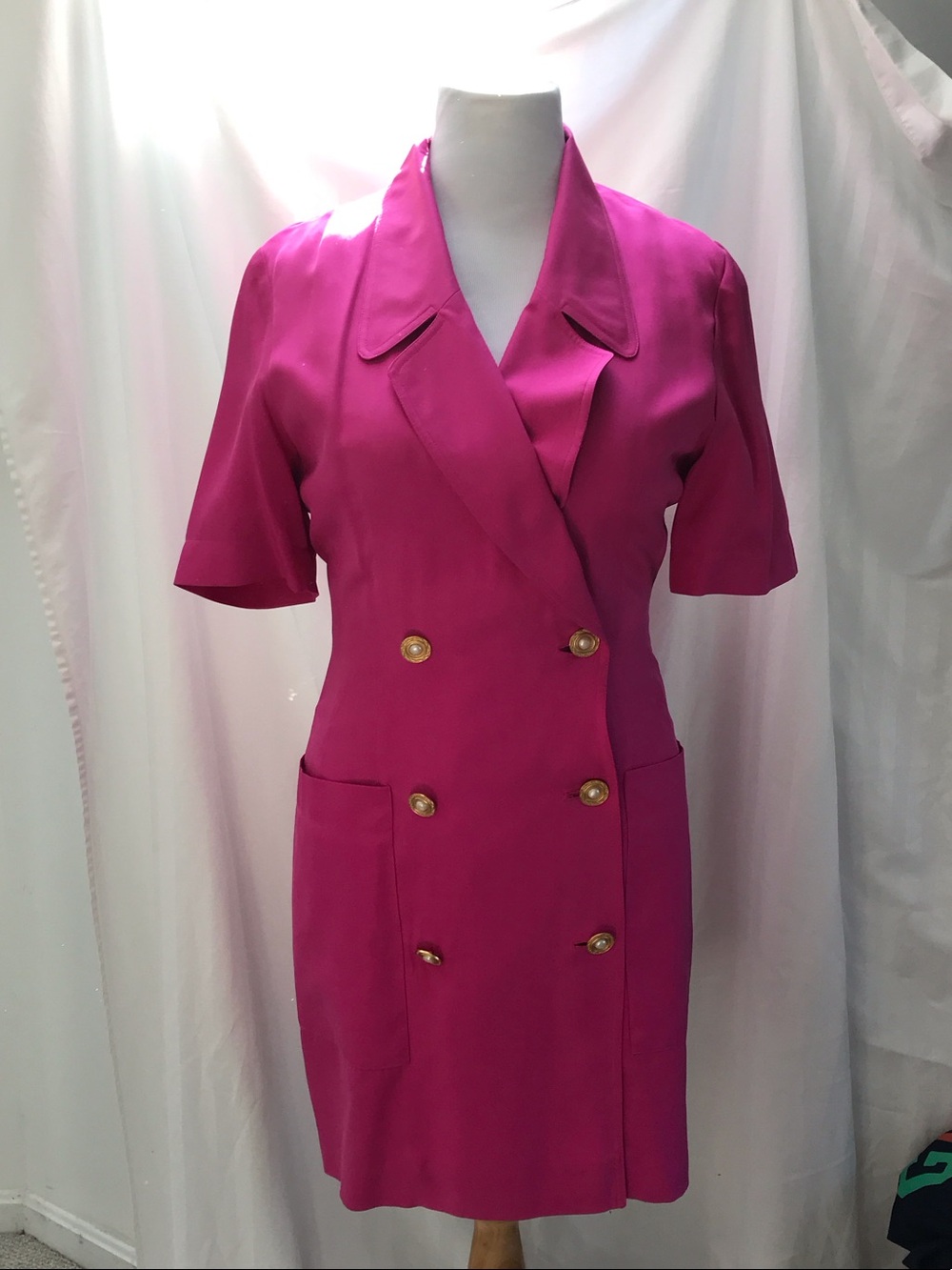 Vintage 90’s Dana Buchman hot pink silk twill shirt dress size 10